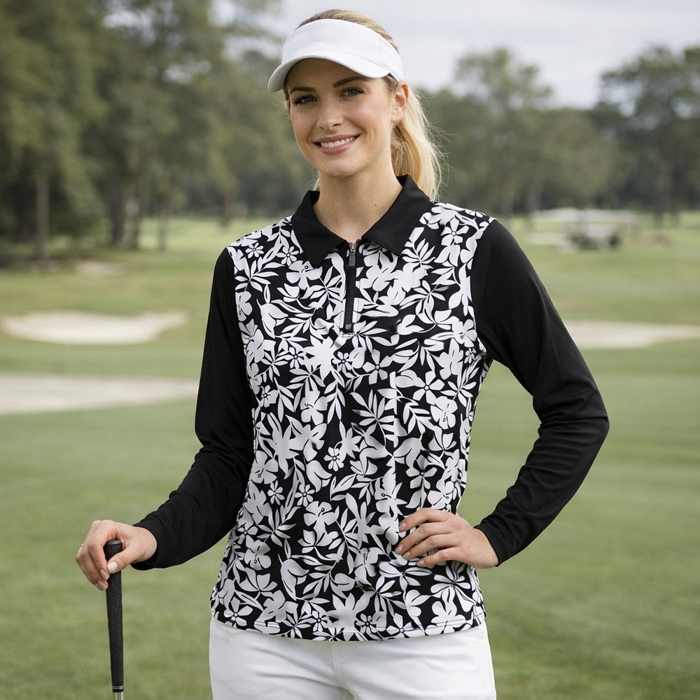Soneven Black and White Floral 1/4 Zip Golf Polo Wicking Top Size XL